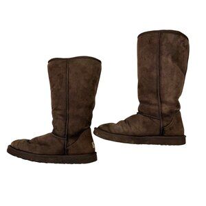 UGG CHOCOLATE BROWN SUEDE SHEARLING LINED F19008H MID CALF BOOTS - W10
